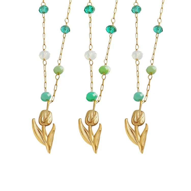 Manufacture 18K Gold Plated Cheap Jewelry Personality Trend Crystal Beaded Tulip Pendant Necklaces for Women