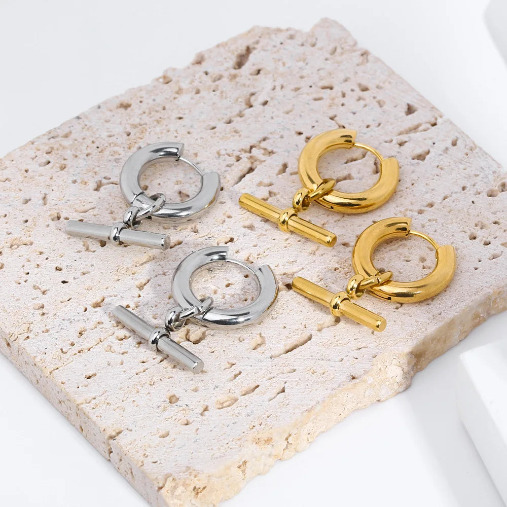 Factory Direct 18K Gold Plated Stainless Steel Non Fade Bar Pendant Super Shine Hoop Earrings for Women