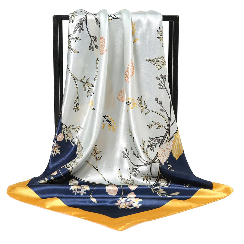 New 90cm Square Silk Flower Printed Joker Turban Shawl Long Fresh Spring Adult Multi-Purpose Strap Scarf Fall/Winter Essential