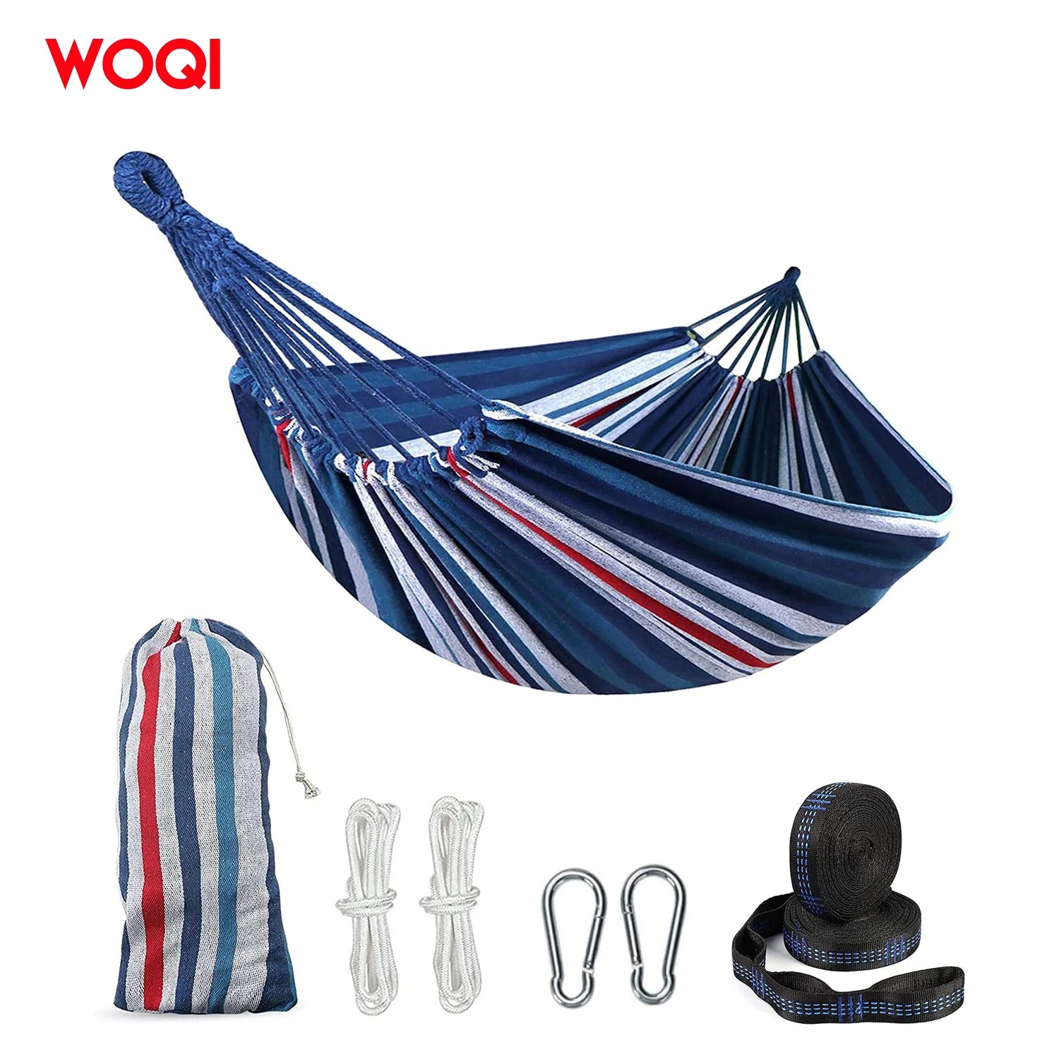 WOQI New Canvas Cotton Fabric Hammock with Tree Straps Carrying Bag for Garden Backyard