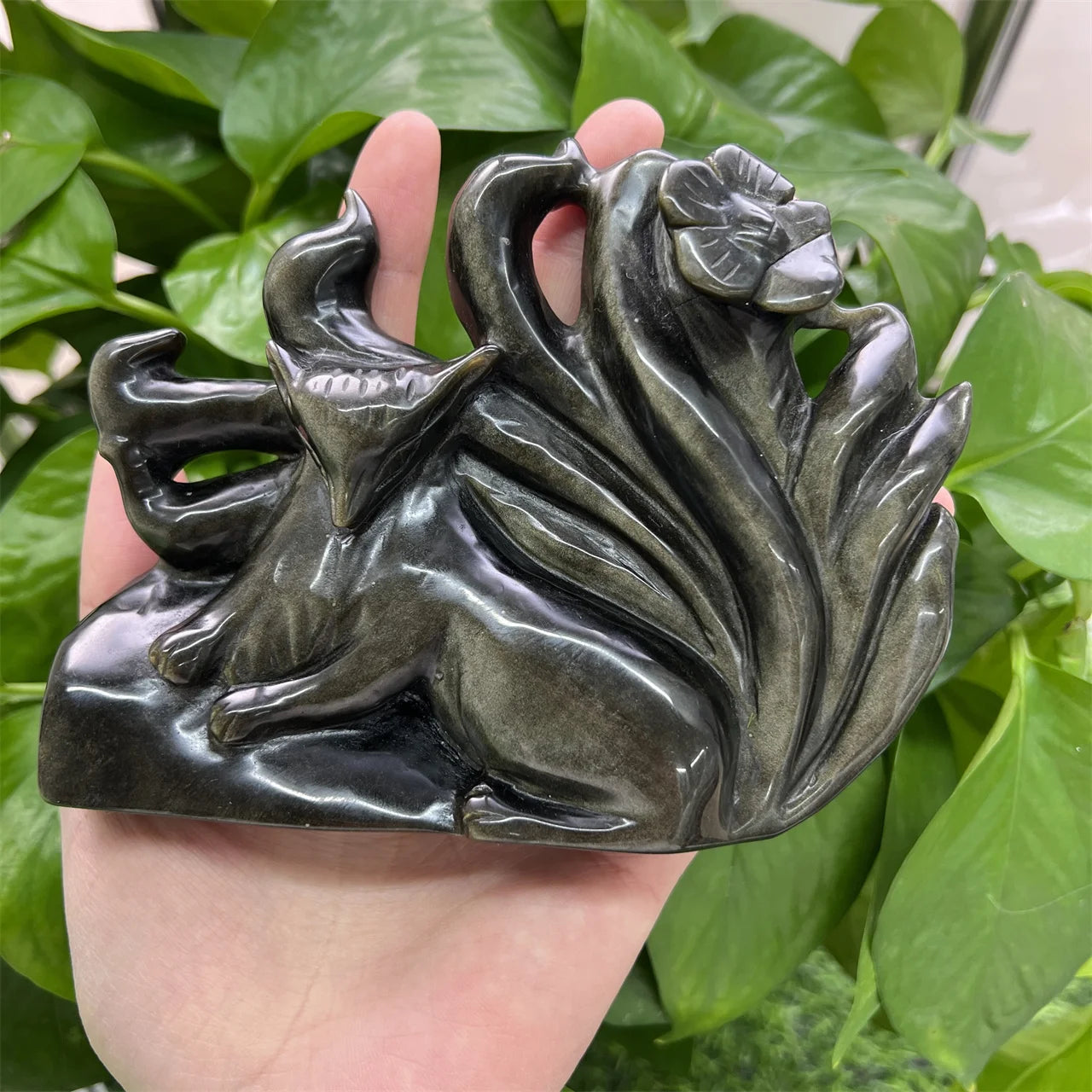 Gold Obsidian Nine-tailed Fox High Quality Natural  Carving Fox Sculpture Crystal Fox for Gift