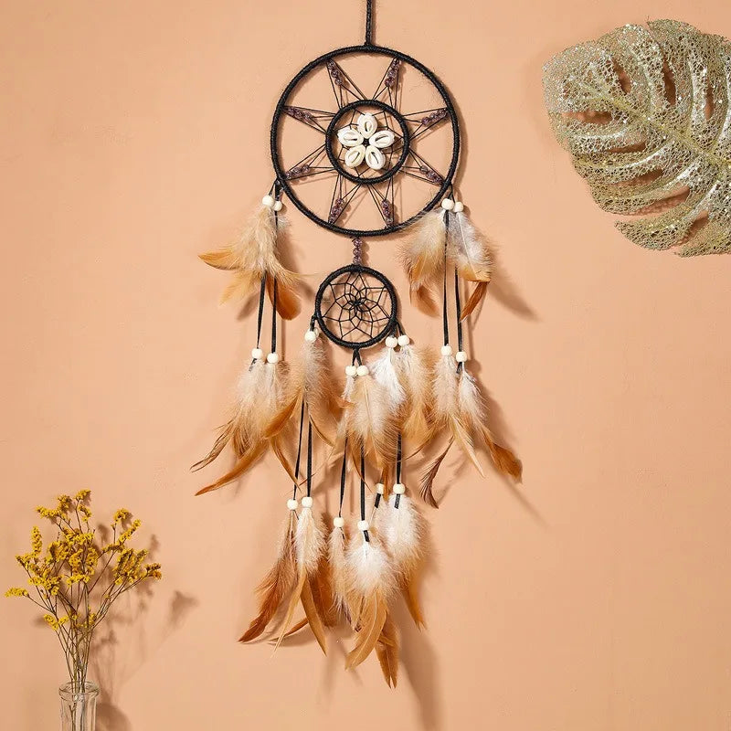 Vintage Style Dreamcatcher Wall Art Natural Feather and Crystal Boho Zen Spiritual Decor for Bedroom Spaces