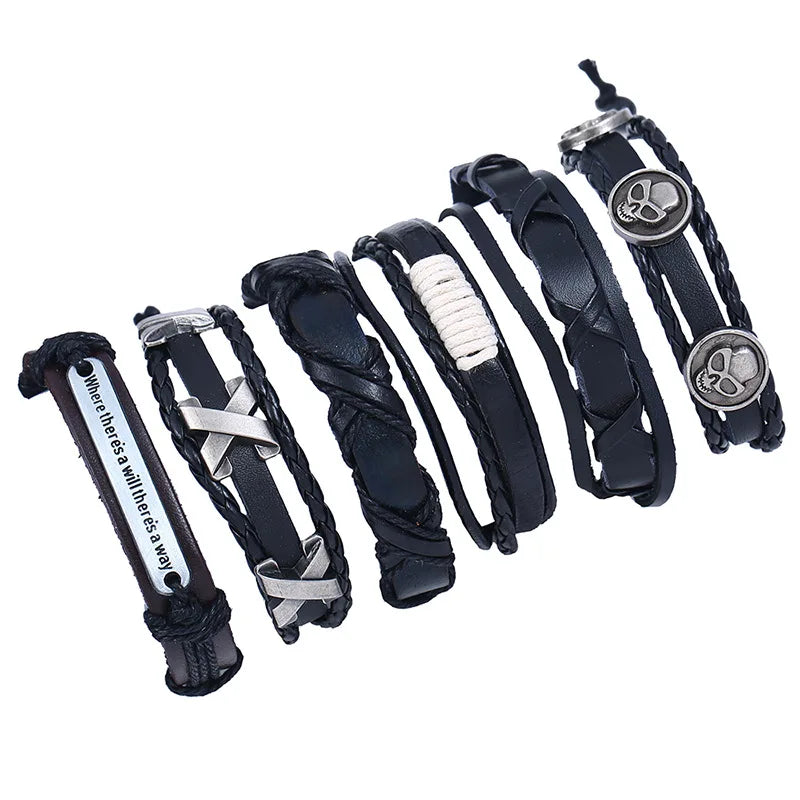 Wholesale Handmade Metal Letter Cross Skull Bracelets Sets Multilayer Leather Bracelet for Men Women