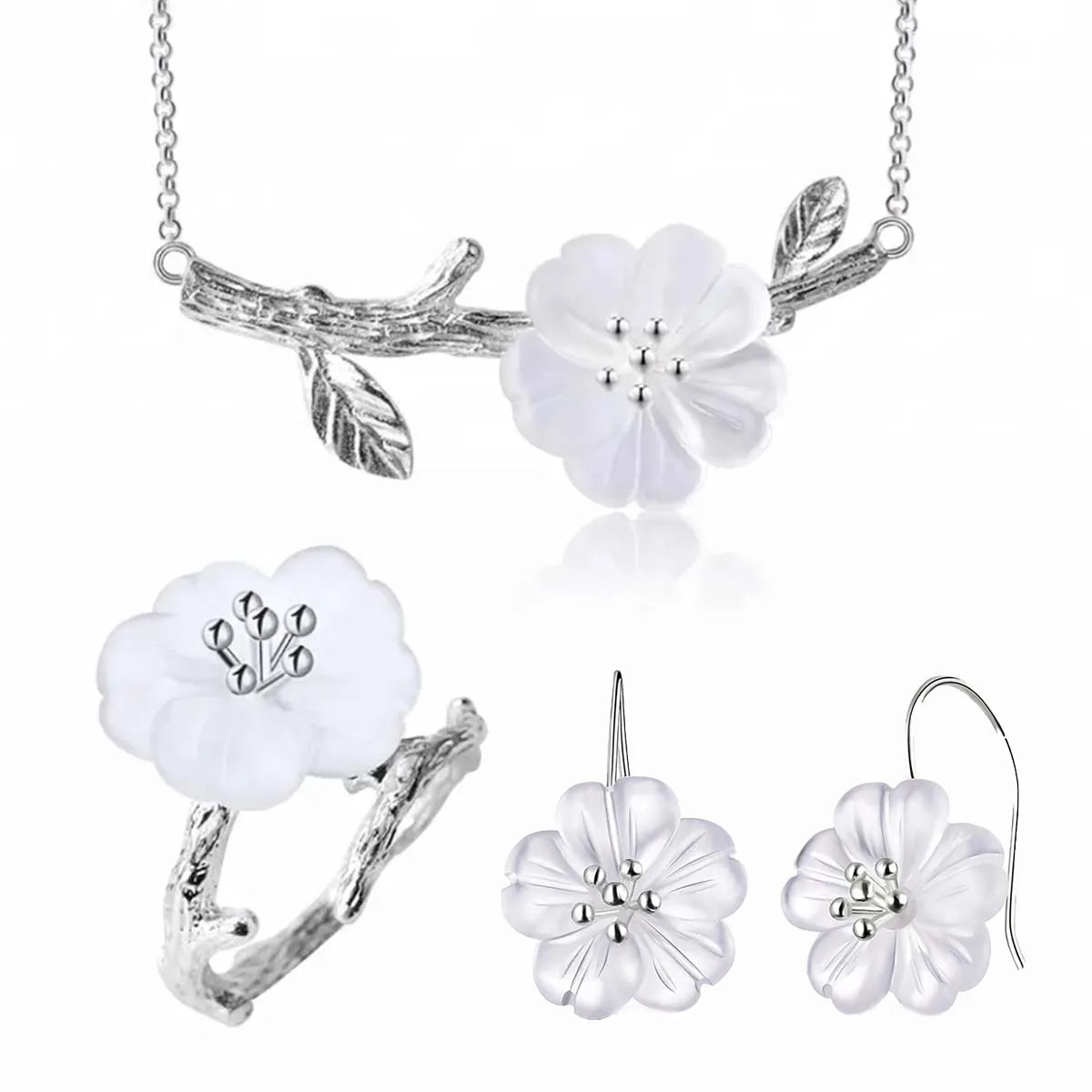 Custom 925 Sterling Silver Natural Crystal Jewelry Sets Rings Earrings Flower in the Rain Original Design for Women