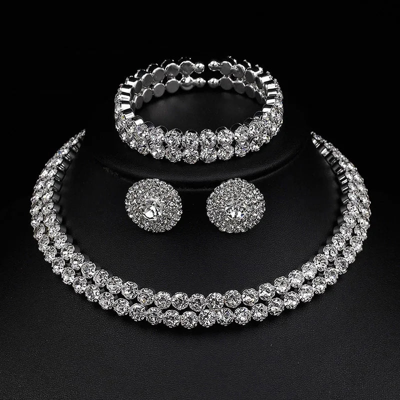 Wedding Jewelry 2023 New Bride New Fashion Flower Diamond Necklace Earring and Bracelet Three-piece Set Dropshipping