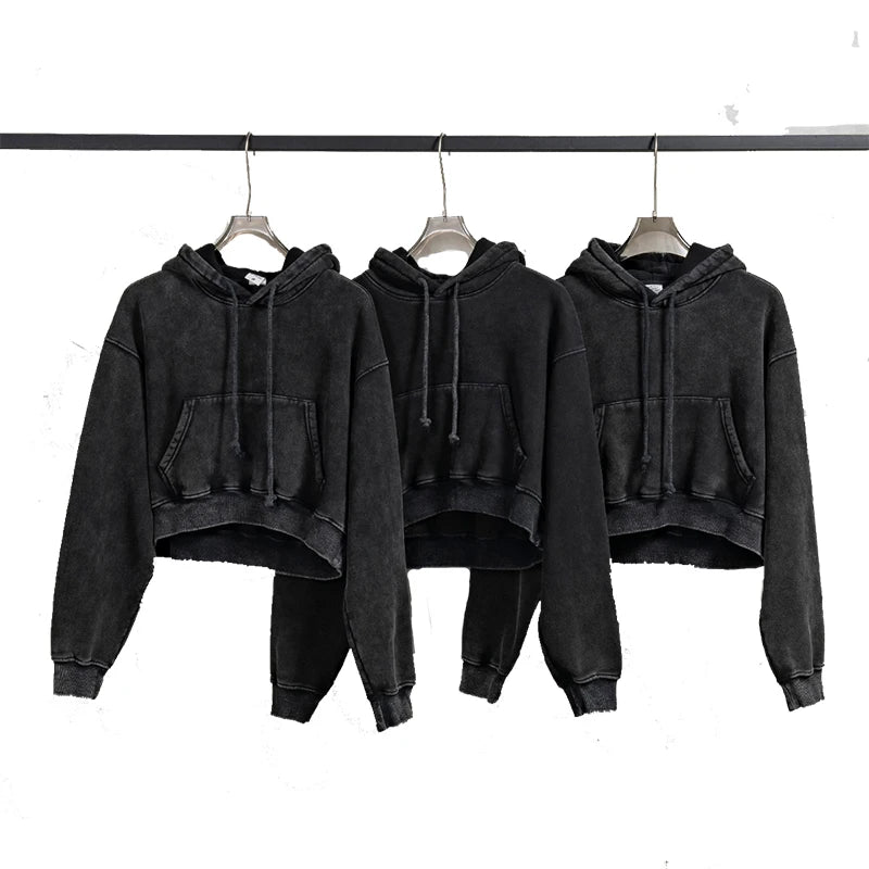 EH-022 Custom Embroidery Printing Stone Acid Wash Hoodie Vintage Short Style Cotton Crop Hoodie for Woman