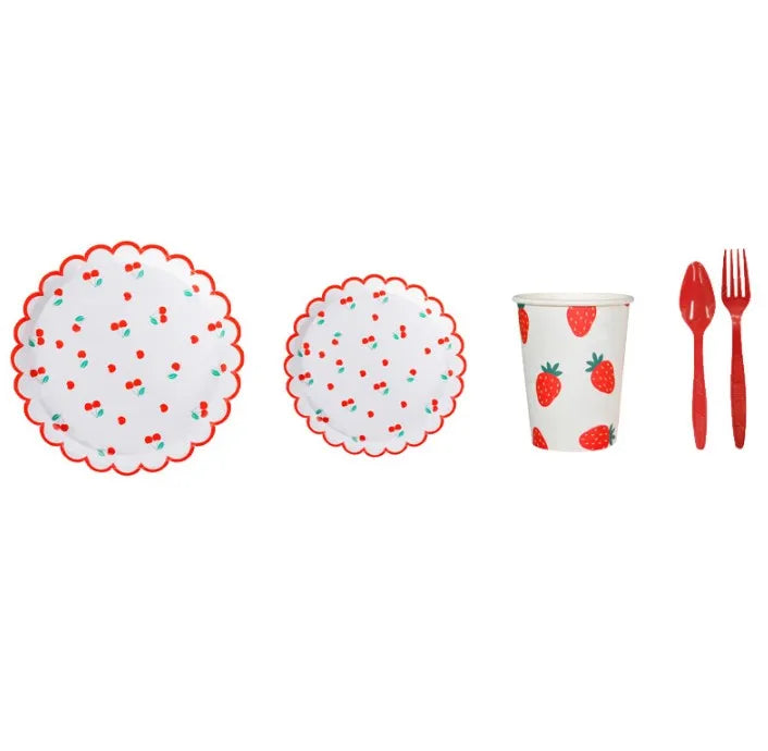 New Design 9 Inch Paper Plates Custom  Party Cups Tray Fruit Theme Party Paper Tableware Kit Strawberry