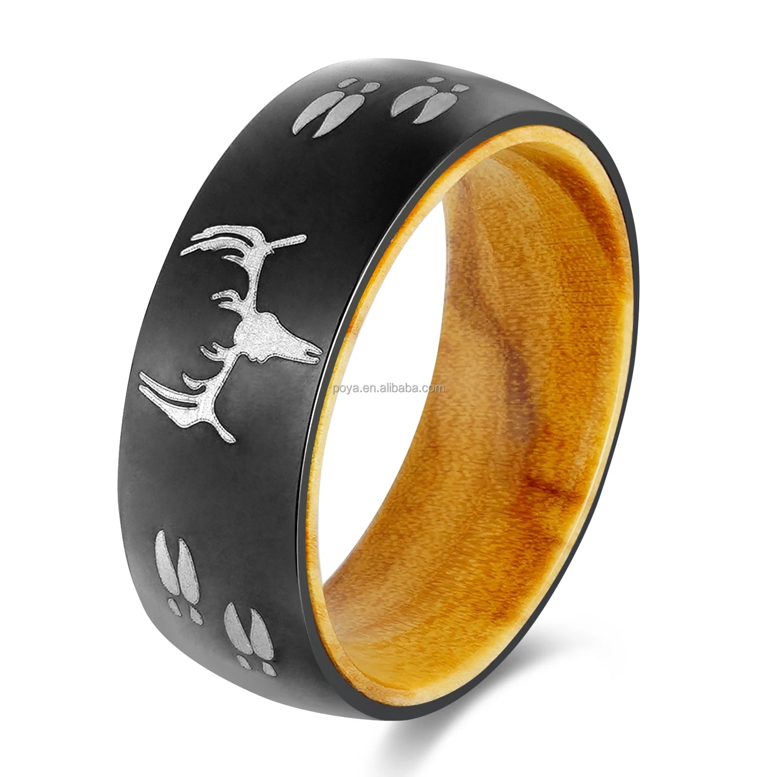 POYA 8mm Oliver Wood Liner Black Stainless Steel Ring Laser Deer Design Unisex Religious Style for Wedding Gift Party