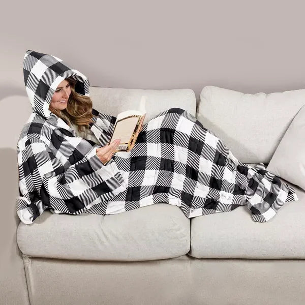 Kingworth 10Lbs Weighted Black Printed Flannel Fleece Long Oversized Hoodie Blanket Wearable Snuggle Blanket