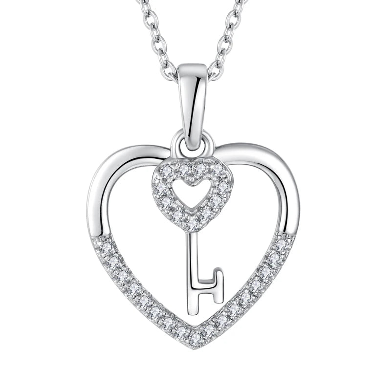 Fine Jewelry Necklaces 925 Sterling Silver Pendant Necklace Chain Womens CZ Love Heart Key Necklace for Wedding Valentine Gift