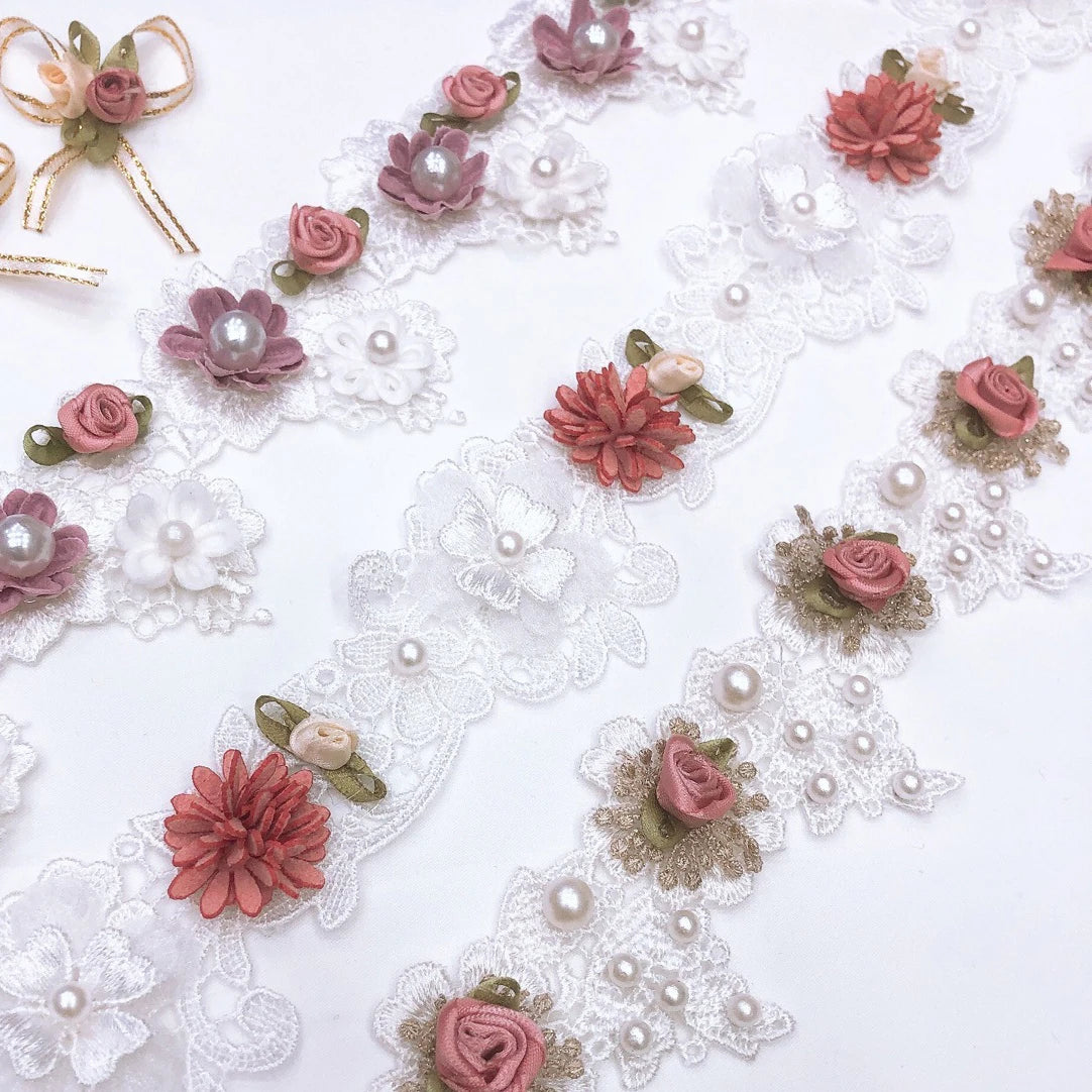 JFL099 Water Soluble Polyester Silk Heavy Handmade Sticky Flower Pearl Lace Girls Dress Skirt Set Curtain DIY Lace Accessories
