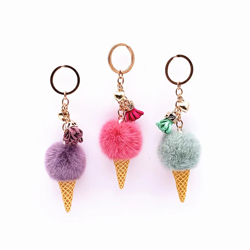 Fashion Creative Ice Cream Cone Designer KeyChain Plush Ball Tassels Keyring Hanging Bag Accessories for Women and Girls