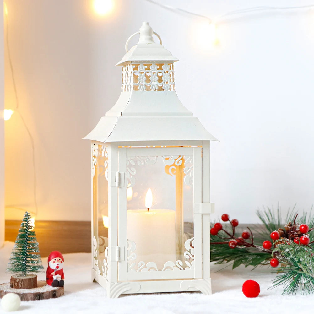 2024 Christmas Metal Lanterns White Vintage Windproof Lantern Hanging Wedding Decorative Lantern for Indoor Outdoor
