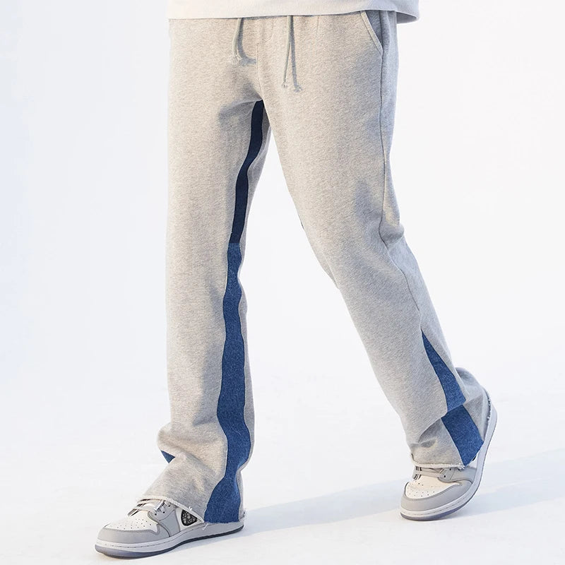 Men's Flare Terry Midweight Casual Jogger Track Pants Custom Logo Design Patchwork Elastic Waistband Stacked Sweatpants