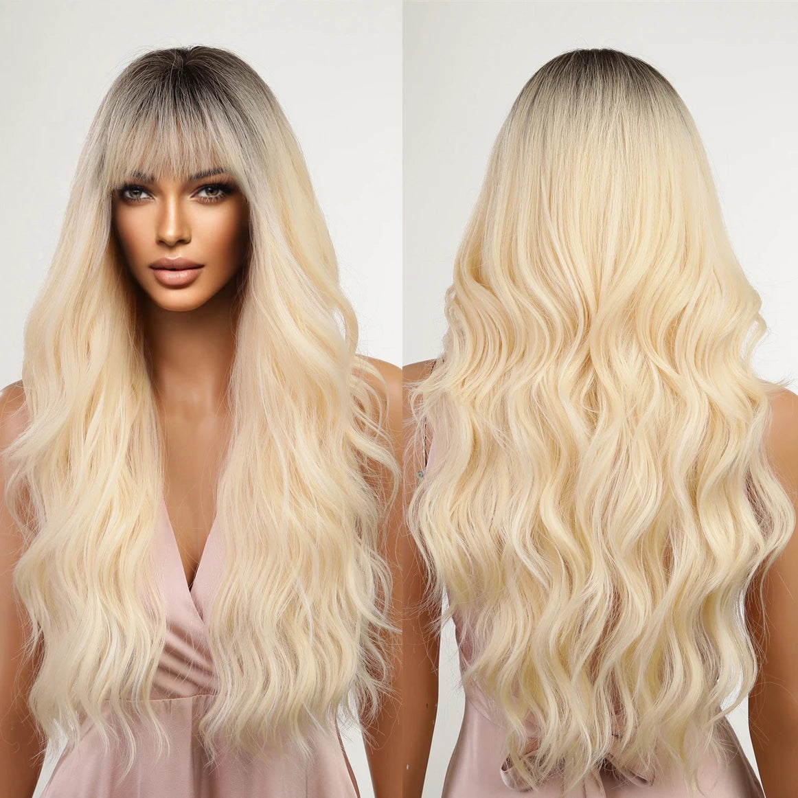 Factory Wholesale Price Long Light Honey Blonde Ombre Synthetic Wigs With Bangs Natural Wavy Dark Root Wig for Women Party