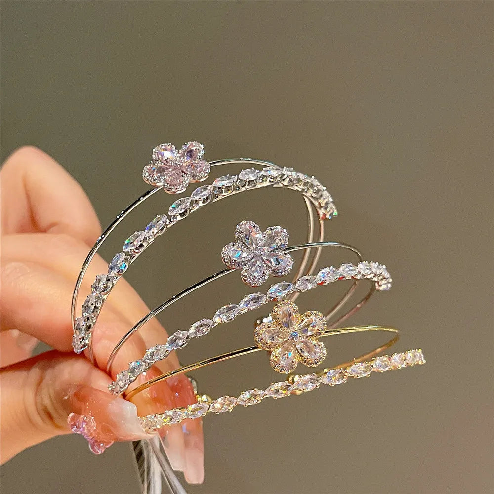 Fancy 2 Layers Gold Plated Floral Bracelet Girls Adjustable Sparkling Cubic Zircon Flower Cuff Bracelet Jewelry