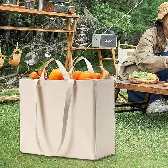 15.2*11.9*7.1 Inch Heavy Duty Grocery Tote Bag  Extremely Sturdy Extra Large  Double Handles  Reusable   Foldable Cotton Cloth