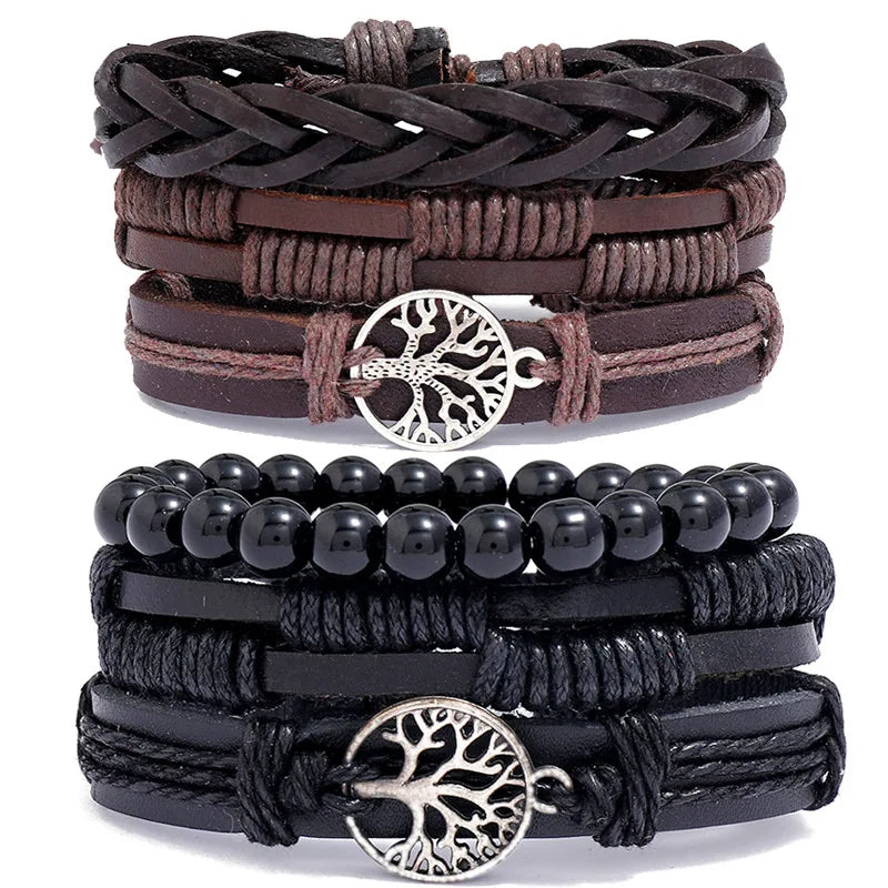 Hand Woven Leather Charm Bracelets 3pcs/set Fashionable Braided Wristbands with Life Tree Charm