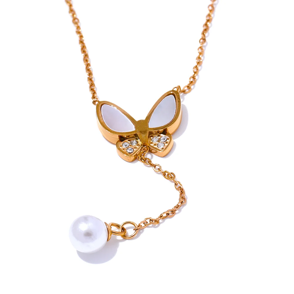 JINYOU 3272 Exquisite Natural Shell Zircon Butterfly Drop Imitation Pearl Necklace Fashion Stainless Steel Pendant Jewelry 2025