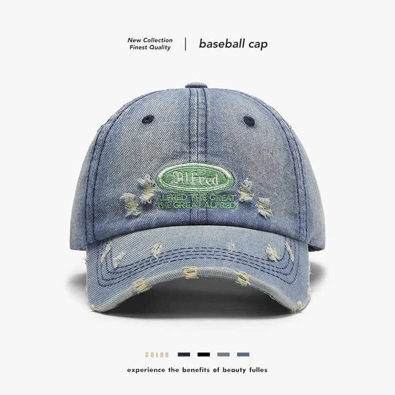 Curved Back Outdoor Soft Top with Letter Rusted Washed Denim Unisex Summer 6-Panel Metal Buckle Front Closure