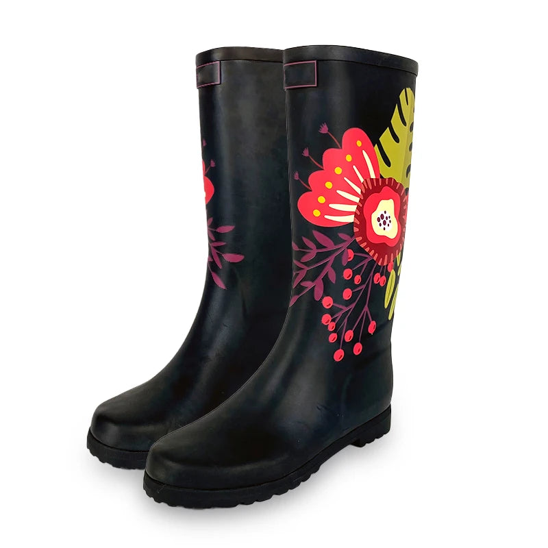 2026 Customize Knee-High Waterproof Anti-Slip Hard-Wearing Summer Autumn Winter Colorful Print Ladies Women Rubber Rain Boot