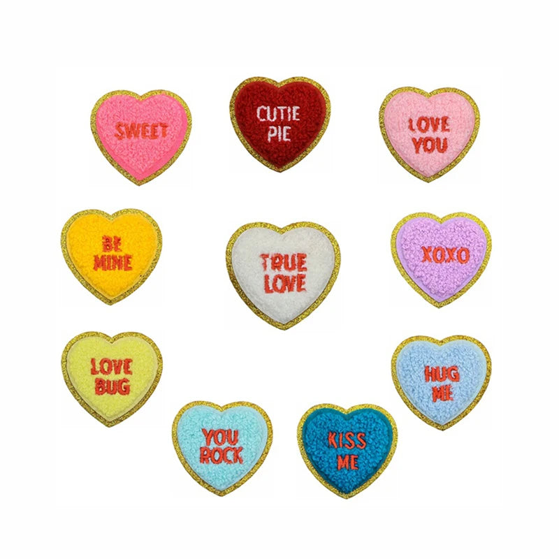 New Design Colored Heart with Word Embroidered Nonwoven Felt Chenille Patches Handmade Iron-On for Clothes Bag Hat