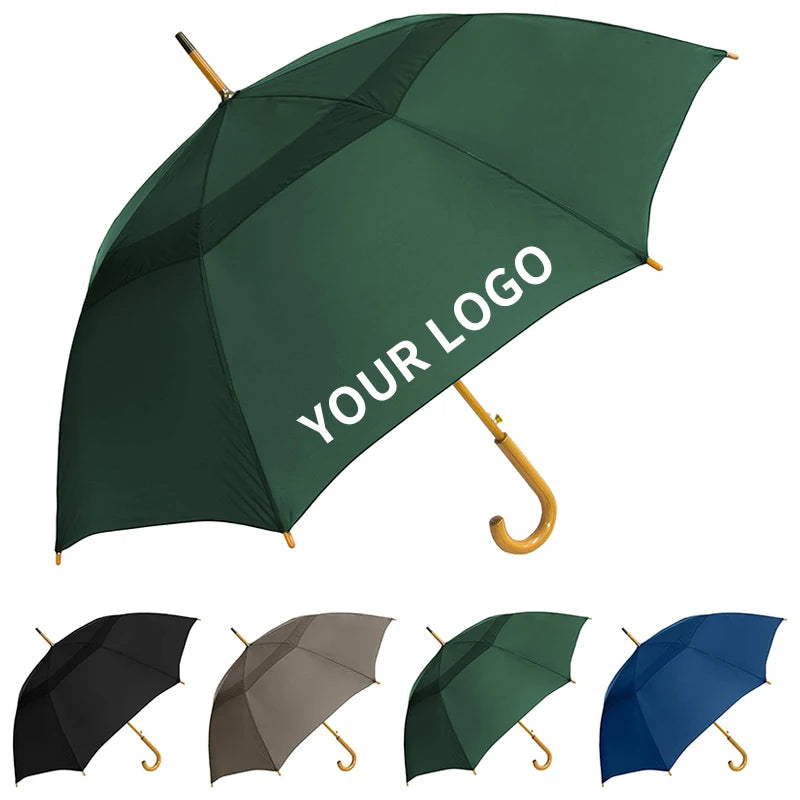 Promotional Popular Fashion Custom Logo Printing J Hook Wooden Handle Windproof Long Straight Stick Umbrella for Men and Women