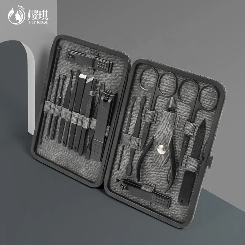18pcs Professional Carbon Black Nail Clippers Kit Pedicure & Manicure Set for Women & Men Steel Travel Home Case