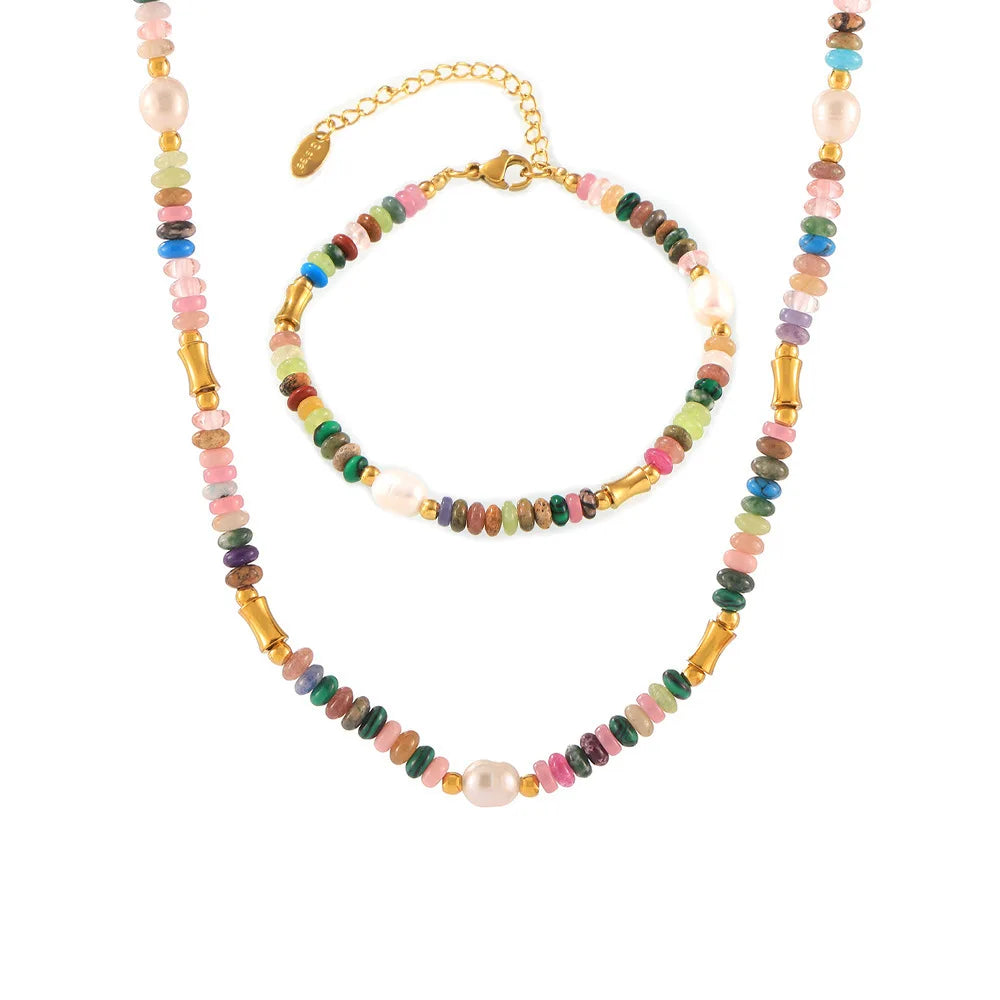 JOOLIM High End Stainless Steel Bohemia Style Colorful Natural Stone Freshwater Pearl Necklace 18K Gold Plated Jewelry Wholesale