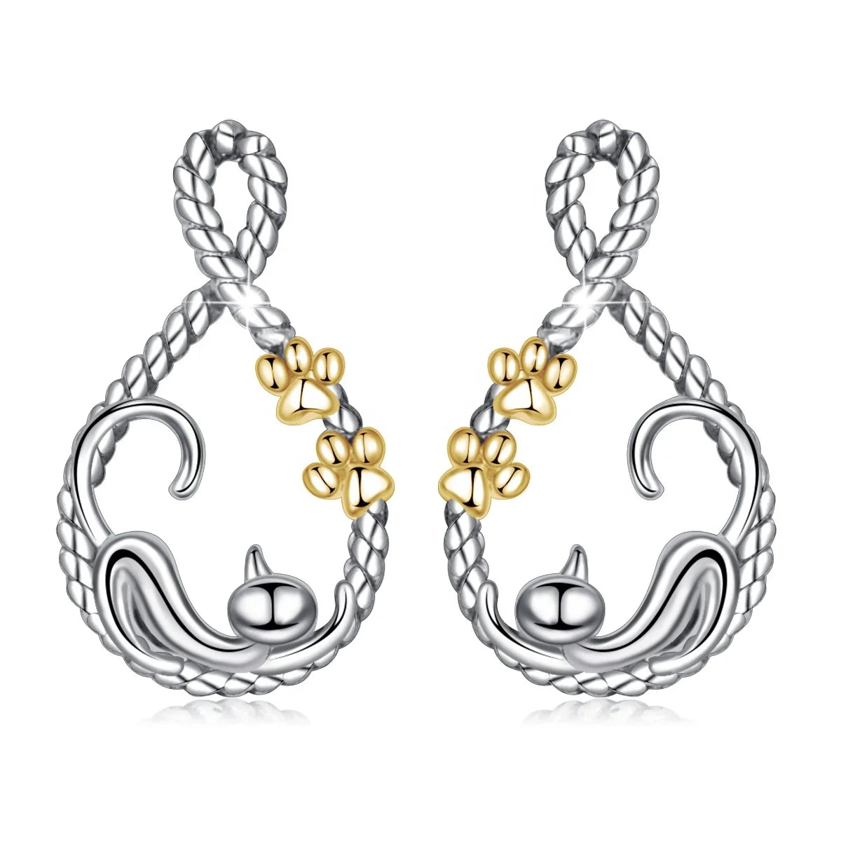 Isunni Original Design S925 Sterling Silver Cute Lazy Cat Stud Earrings for Women