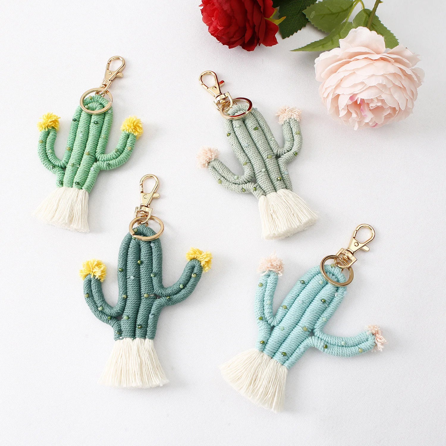 Bohemian Cactus Pendant Keychain for Women Girls Fashion Handmade Diy Woven Plant Bag Keychain