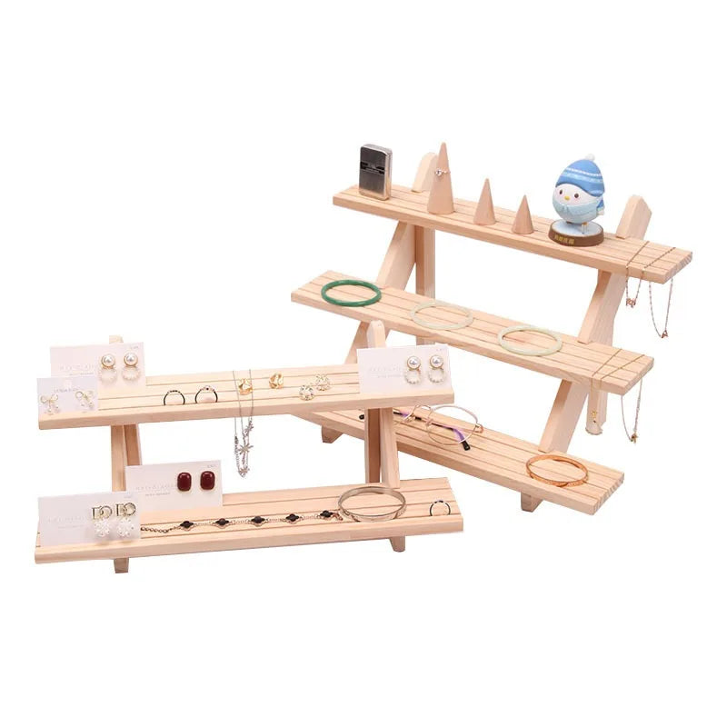 2 Layer Natural Wood Ladder Design Jewelry Earring Cards Rings Glasses Exhibition Presentation Holder