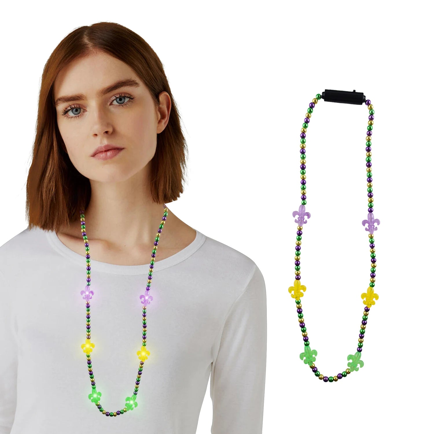 Mardi Gras Carnival Party Necklaces Classic Purple Green Gold Beaded with LED Light Flashing for Birthdays Weddings Holidays