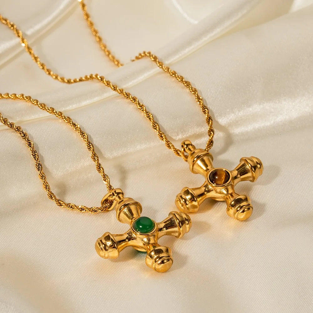 New Trend Twisted Chain Natural Stone Cross Gold Plated Pendant Stainless Steel Necklace Custom Fashion Necklace for Women