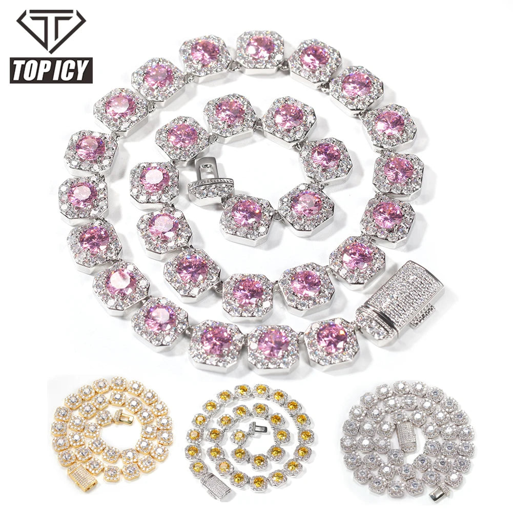 TOP ICY 13mm Big CZ Stone Tennis Chain pink Yellow CZ Colorful Icy Bling Hip Hop Chain Mix Color Chain Luxury pink Jewelry