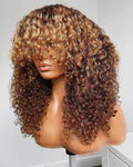 Full Hair Bang Honey Blonde Highlight Color Curly Wave Cuticle Aligned Human Hair Lace Front Wigs