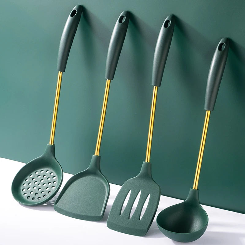 2025 New Anti-Scald PP Modern Luxury Green Gold Silicone Kitchen Utensil Set-4 Pcs Includes Colander Scoop Spatula Cooking Tools