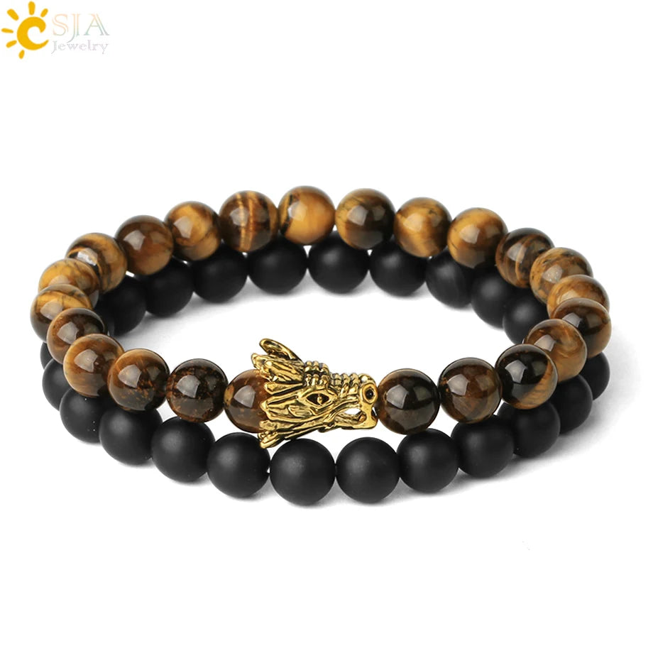 CSJA Wholesale 2pcs/Set Dragon Head Charm Healing Natural Stone Tiger Eye Black Onyx Crystal Spiritual Beaded Bracelet Men G468