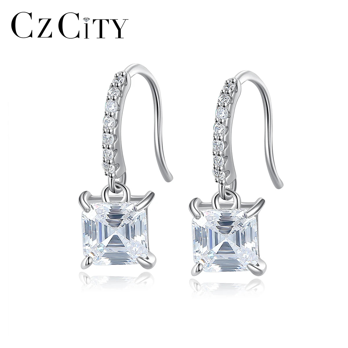 CZCITY Classic Design Quality Bling Jewelry Women Earring Hooks Princess Cutting Square CZ Drop Earing 925 Sterling Silver
