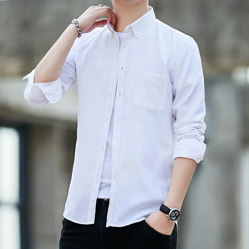 Leesourcing Four Seasons Work Blue Pure Cotton Men'S Long-Sleeved Waterproof Business Shirt Uniform White Square Collar