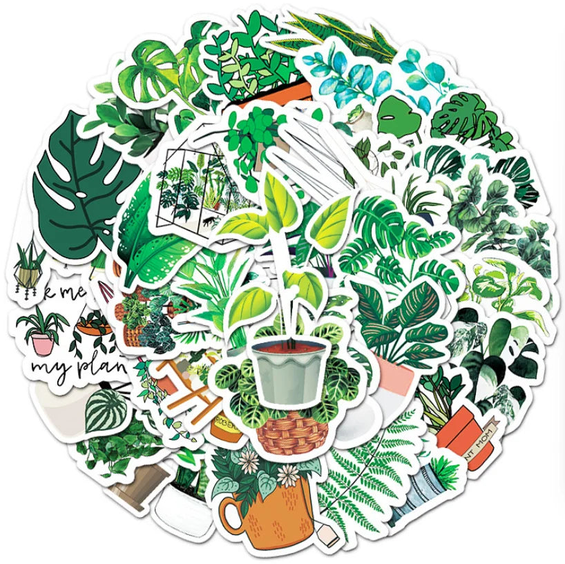 Cartoon Instagram-style Green Plant-Themed Personalized DIY PET Stickers for Luggage Skateboards Cars & More