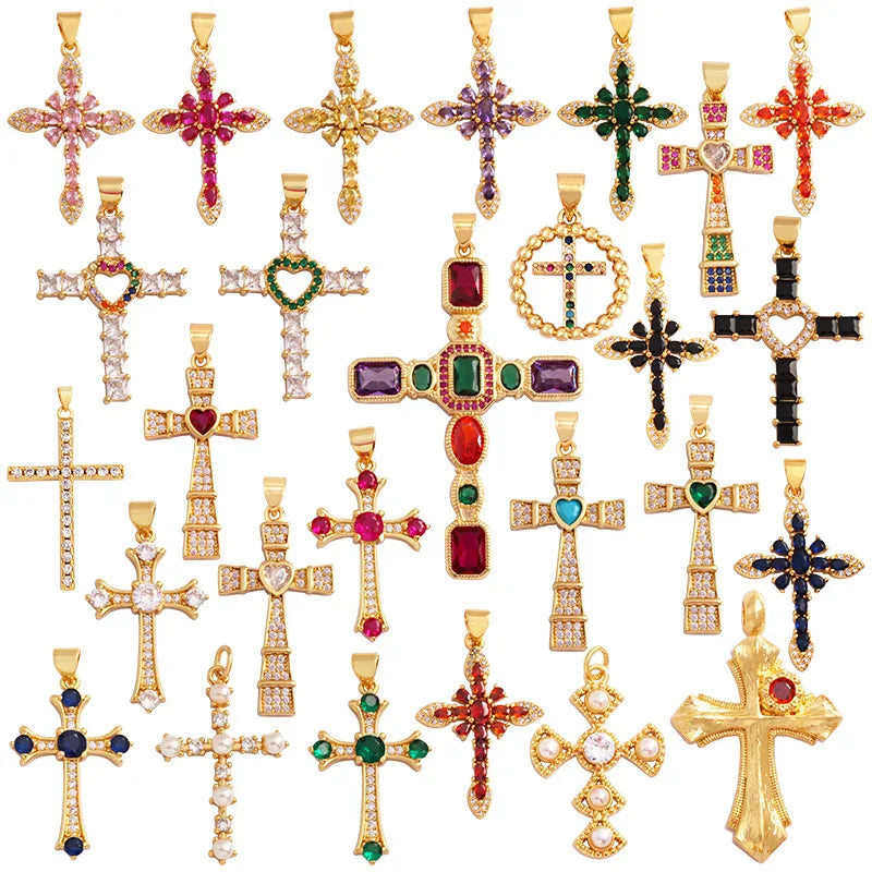 Wholesale Diy Jewelry Copper Gold Plated Sparkling Color Zircon Accessories Elegant Pearl Cross Pendant for Jewelry Making