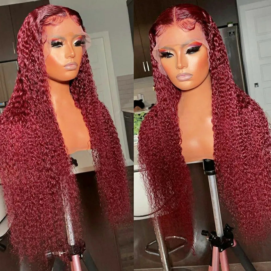 Wholesale Hot Selling Colored Wig Curly Human Hair Wigs Water Wave  99j Color Pre Plucked Burgundy Lace Wig