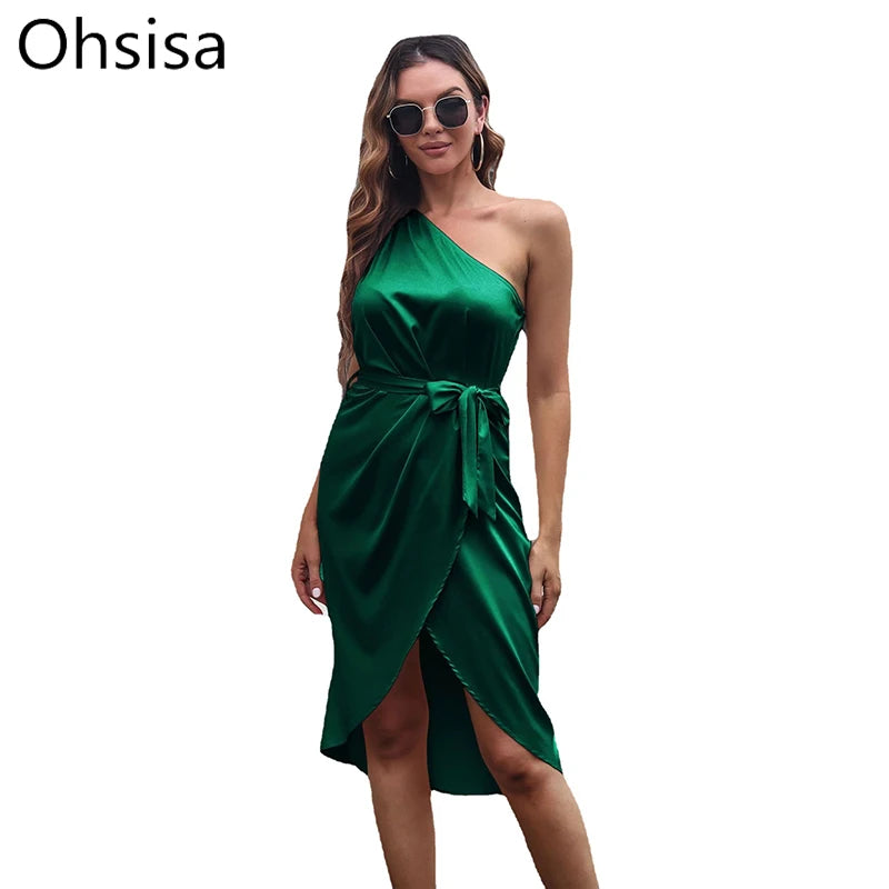 Factory Customized Women 2022 Ribbed  One - Shoulder Dress Satin Wrap Skirt