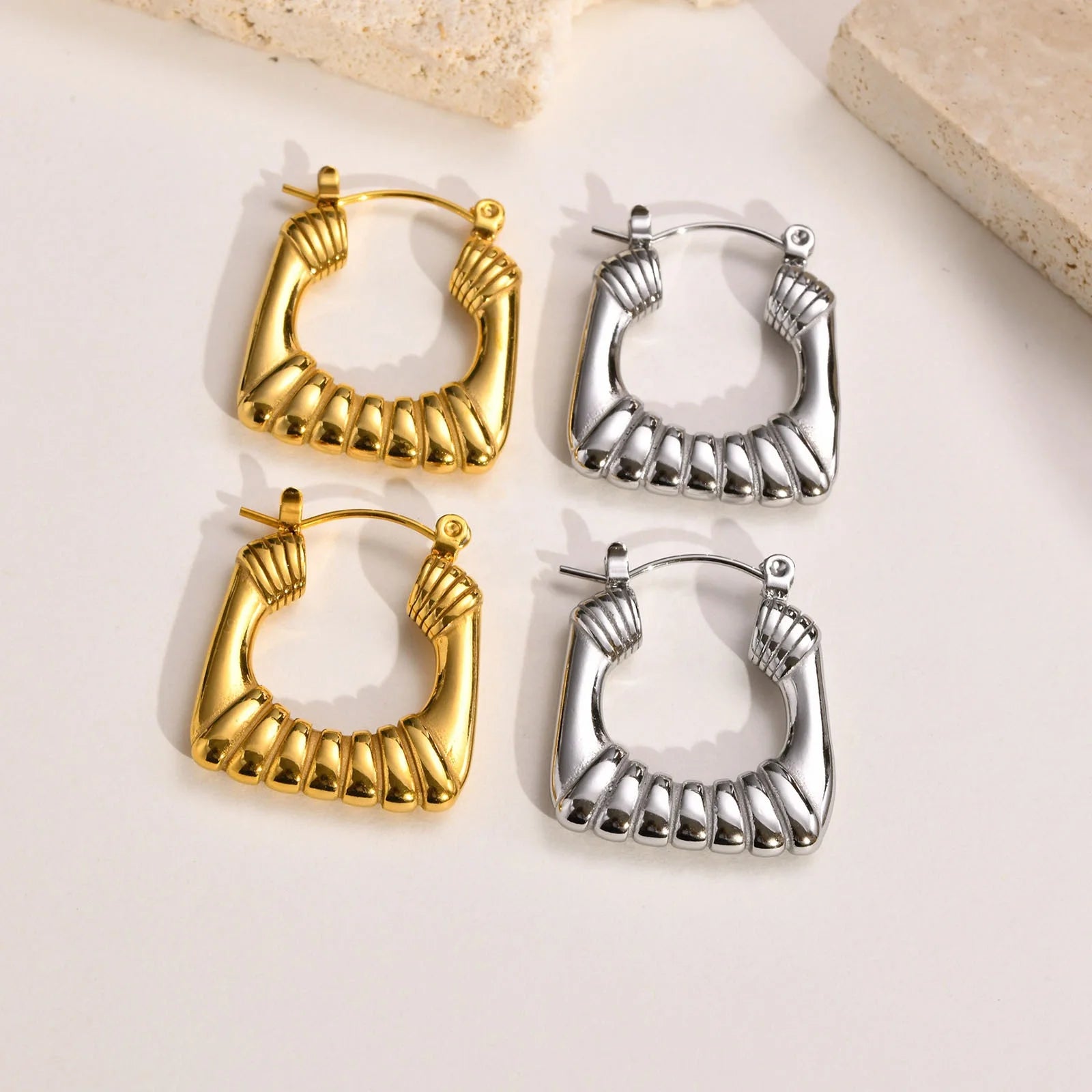 Stainless Steel 18K Gold Plated U-Shape Small Hoops Huggie Oval Modern Textured Twist Hoop Earrings