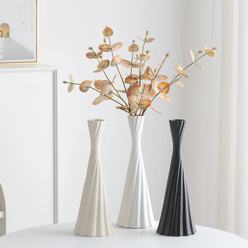 Modern Simple Design White Ceramic Decorative Vase Small-Mouth Tall for Home for Desktop or Entrance Decor with Dried Flowers