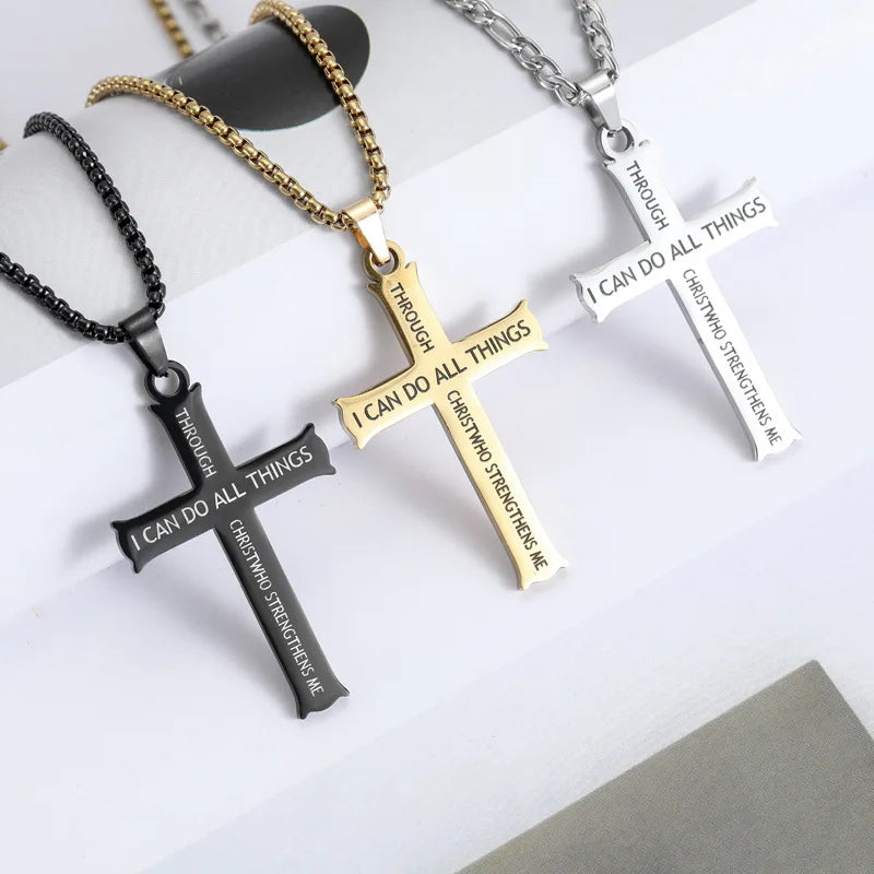 Philippians 4:13 Bible Verse Cross Pendant Stainless Steel Christian Cross Necklace for Men and Women