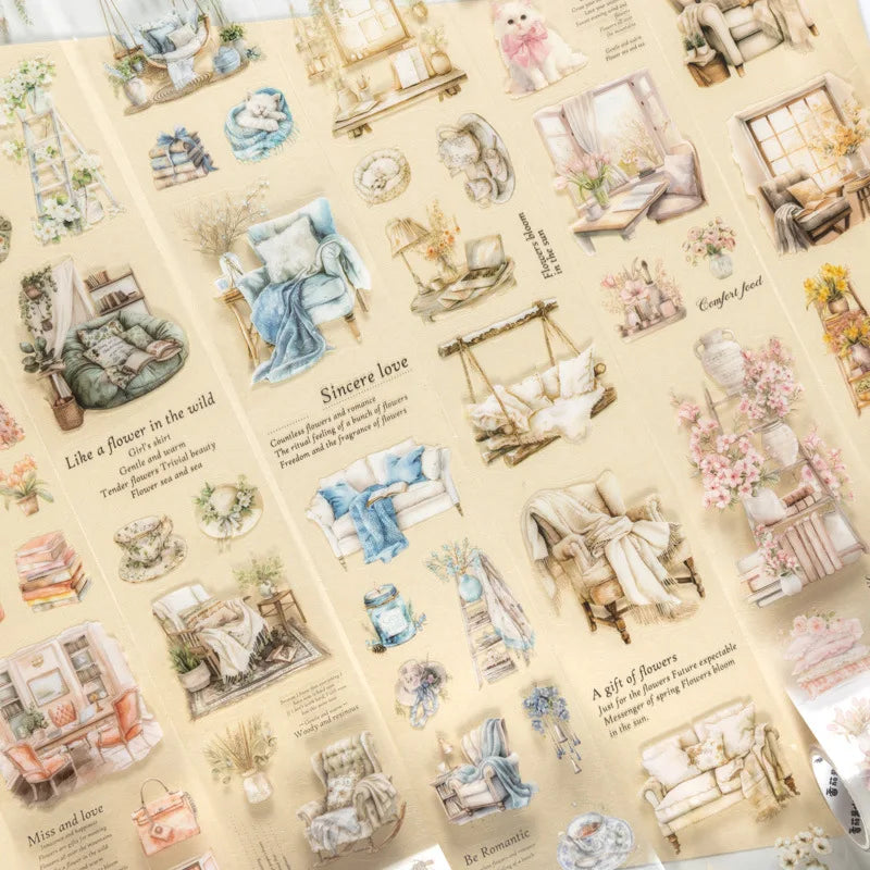 1Roll Home Theme Landscaping PET Tape Warm Home Series Handbook Backing Stickers