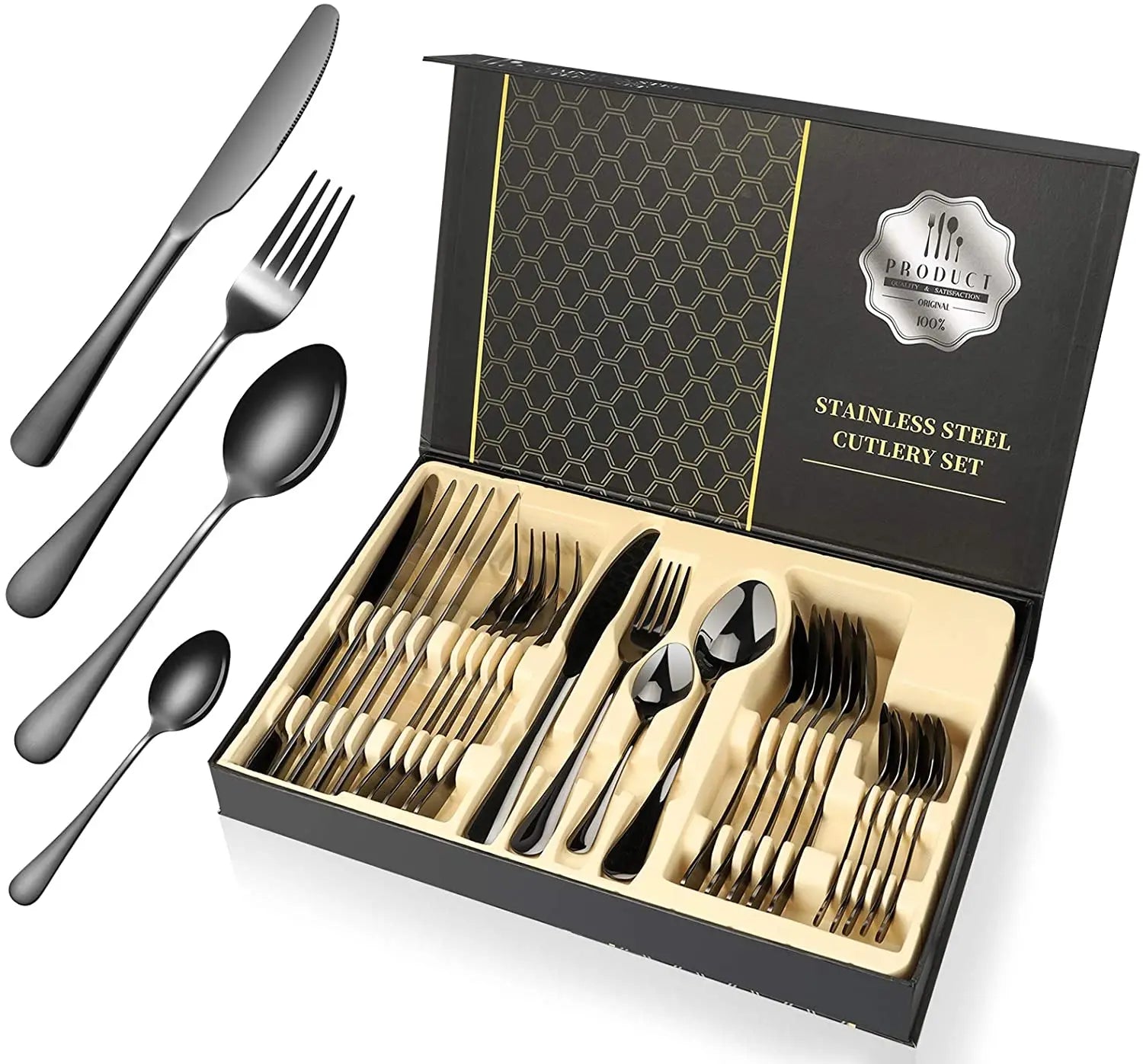 Knife Spoon Fork Set Gold Cutlery 24PCS Stainless Steel Flatware Sets for Gift Weeding Party