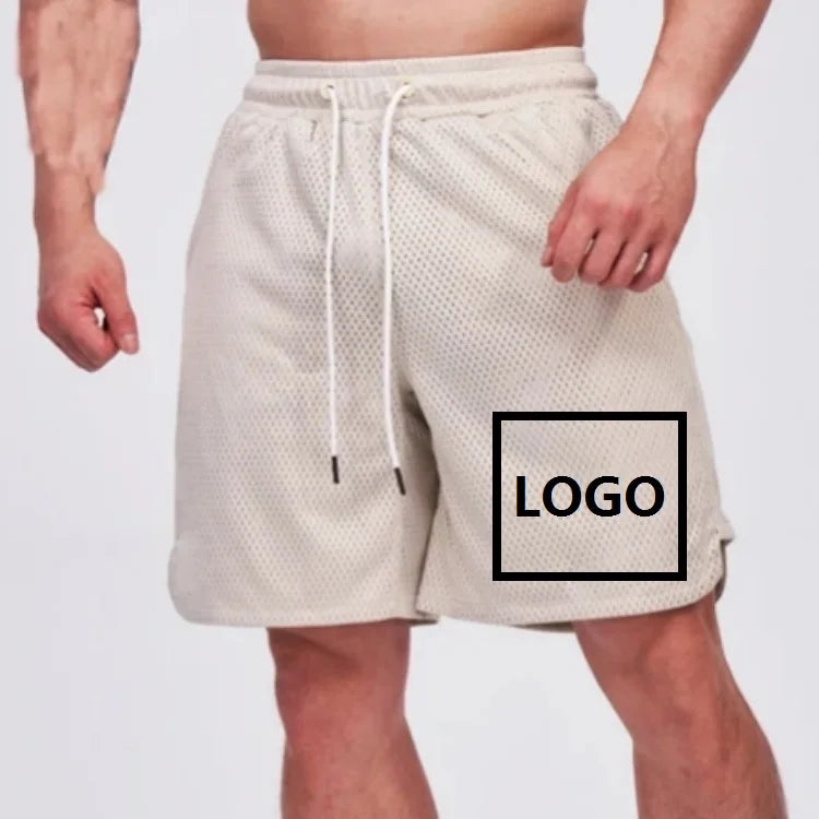 Men's Gym Sports Shorts with Zipper Pockets Drawstring Waist Mesh Jogger Shorts Solid Pattern Loose Fit for Basketball Jogging